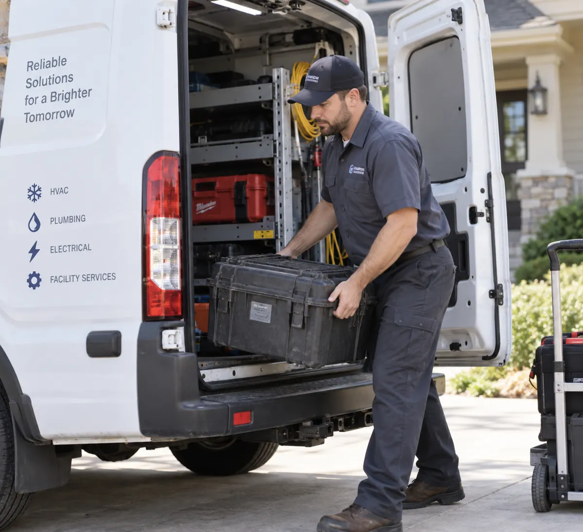 Franchise service technician unloading equipment from a work van